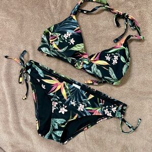 Kona Sol Black Tropical Floral Tie-Side Bikini